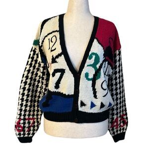 Robert Scott Ltd VTG 80's Women’s Unique Clock  Print Artsy Cardigan Hand Knit M